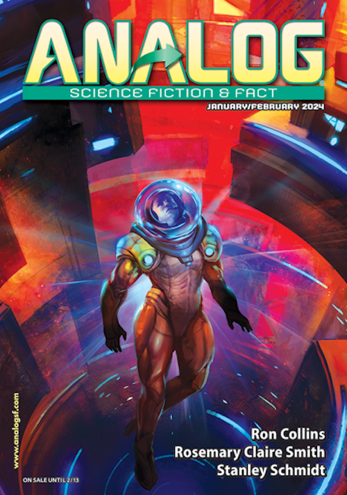 The cover of Analog Jan/Feb 2024, featuring a space suited figure rising against a red and blue background