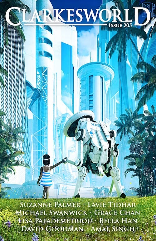 The cover for Clarkesworld 205, featuring a robot and a young child looking out over a high-tech city