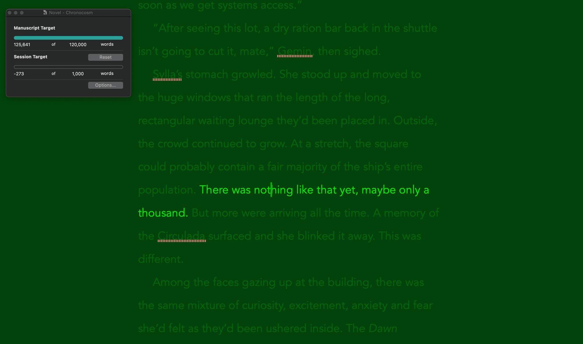 A dark green screen with light green text on it, one sentence highlighted and a word counter in the top left