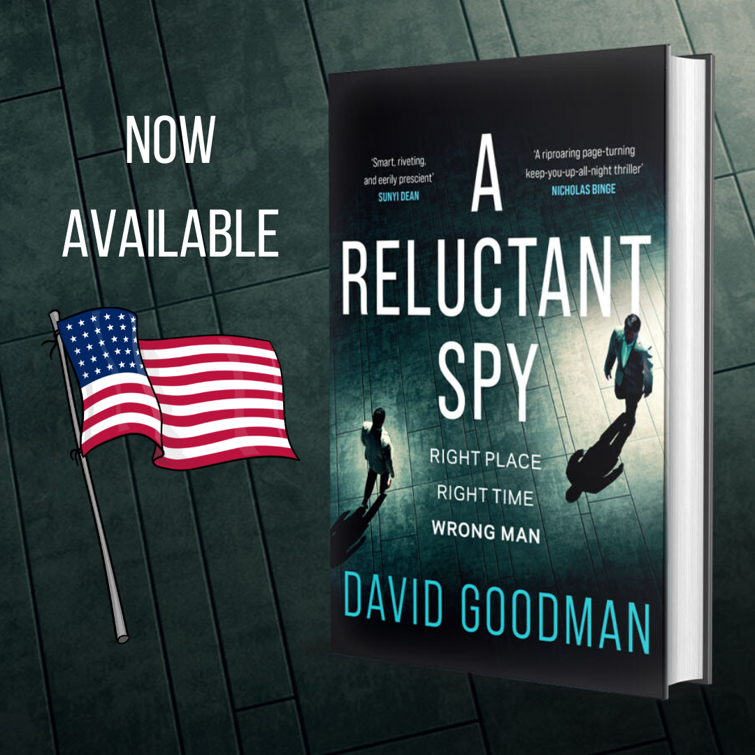 The cover of A RELUCTANT SPY with a US flag and NOW AVAILABLE