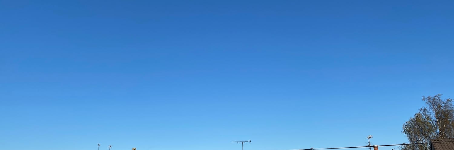 A picture of a very blue sky with a tree to the right, chimneys and TV aerials