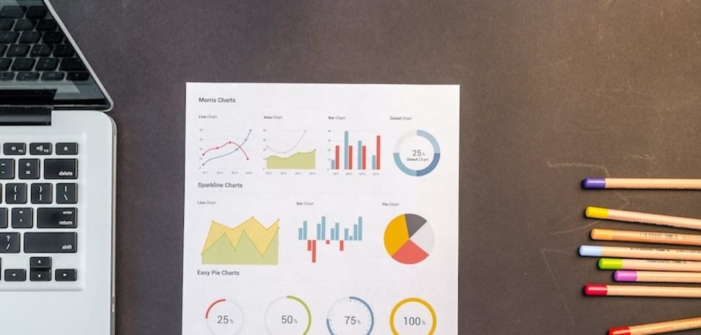 Macbook, notebook, paper with graphs and charts, pencils